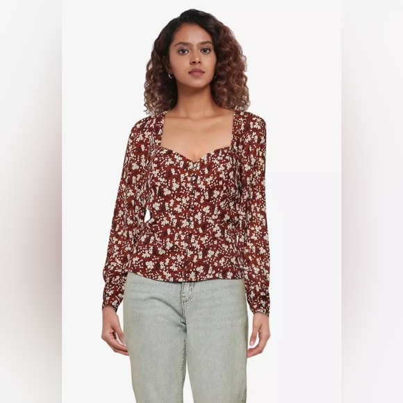 A&F Long-Sleeve Brown Floral Button-Through Crop Top, S - Picture 5 of 5